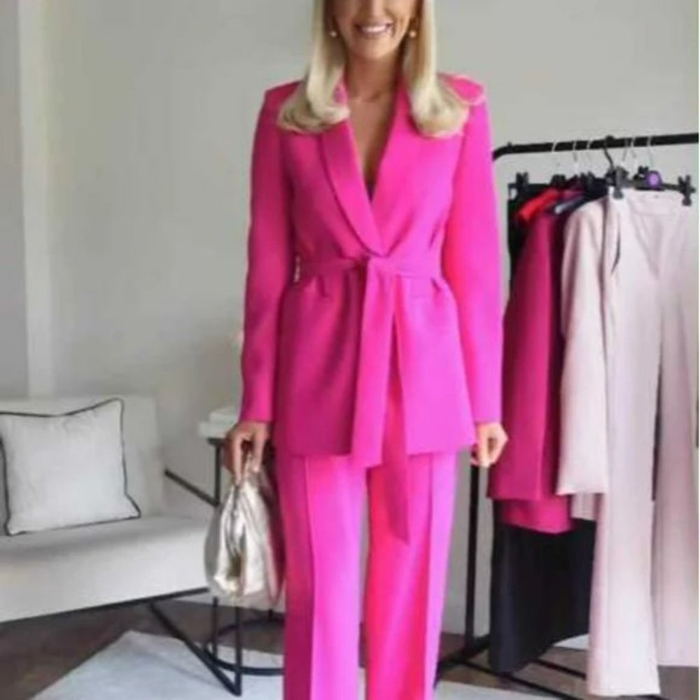 ZARA BELTED TUXEDO COLLAR BLAZER NEON FUSCHIA - Picture 9 of 13